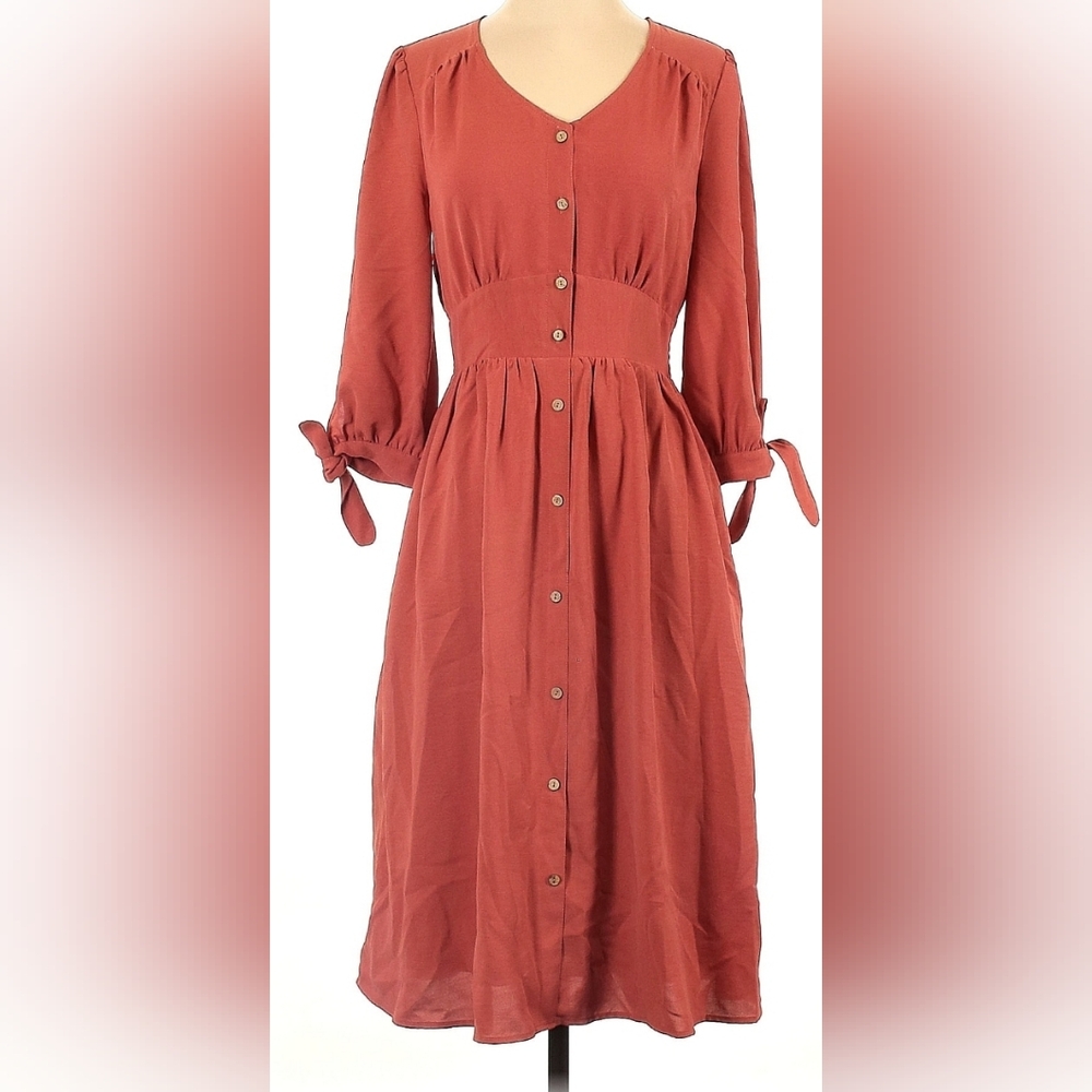 Coral Pink Polagram Cottagecore Midi Dress - 3/4 Sleeve ‐ Button-Up Dress
